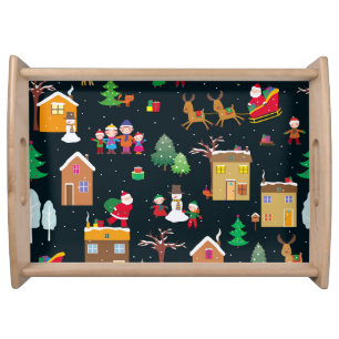 Merry Christmas with a cheerful family and snowy Serving Tray