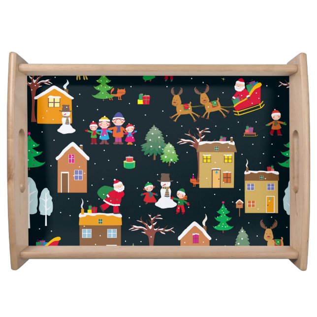 Merry Christmas with a cheerful family and snowy Serving Tray (Front)