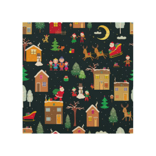 Merry Christmas with a cheerful family and snowy Wood Wall Art