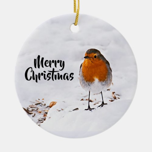 Merry Christmas with a cute red Robin in snow Ceramic Ornament