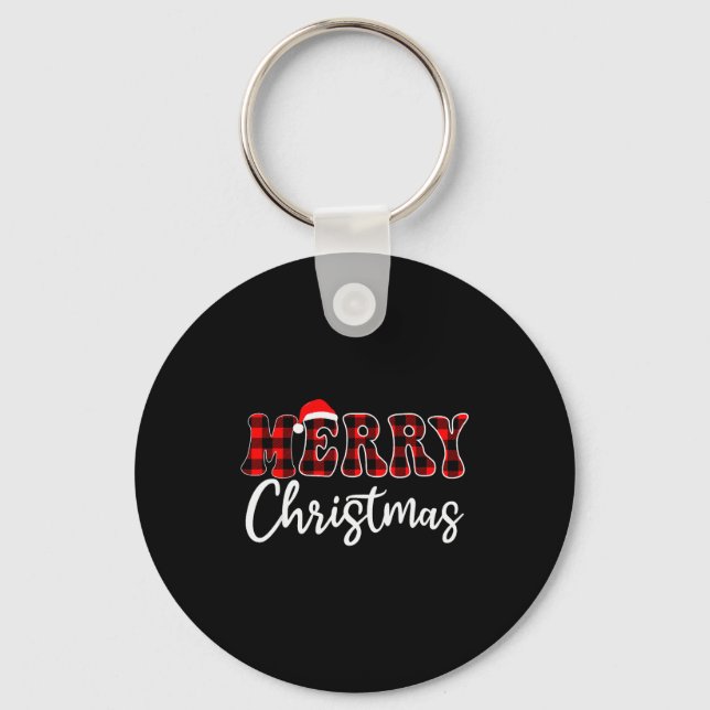 Merry Christmas With Black And Red Plaid Family Me Keychain (Front)