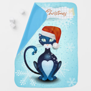Merry Christmas with Black Cat with Santa's Hat Baby Blanket