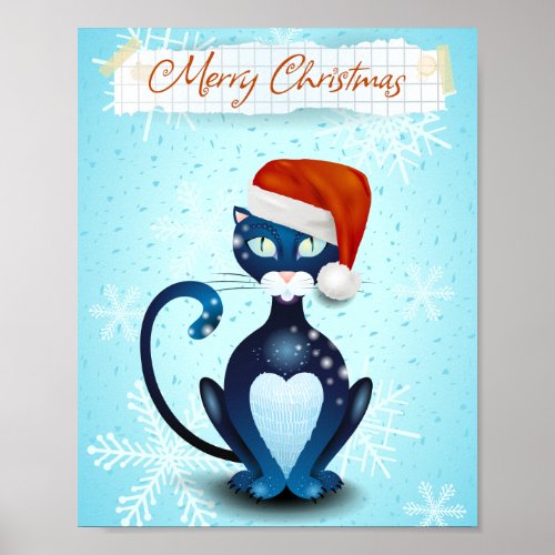 Merry Christmas with Black Cat with Santas Hat Poster