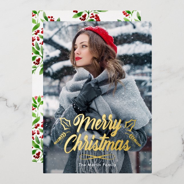 Merry Christmas with Botanicals Photo Holiday Foil Invitation (Front/Back)