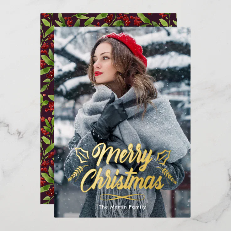 Merry Christmas with Botanicals Photo Holiday Foil Invitation