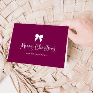 Merry Christmas with Bow Burgundy Wine and White Holiday Card