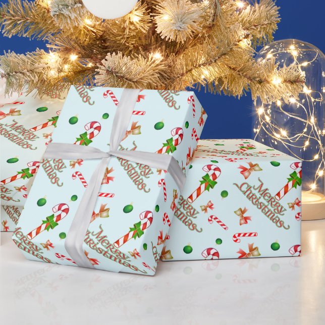 Merry Christmas with Candy Canes and Ribbons Wrapping Paper (Holidays)