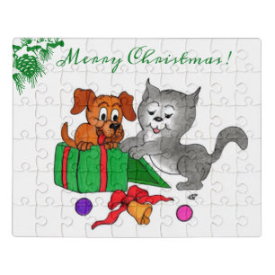 Merry Christmas with Cat and Dog Jigsaw Puzzle