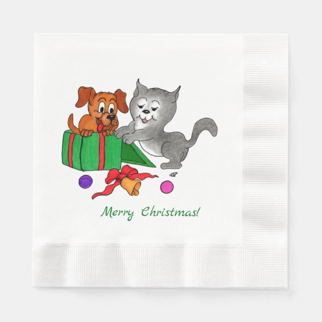 Merry Christmas with Cat and Dog Napkins (Front)