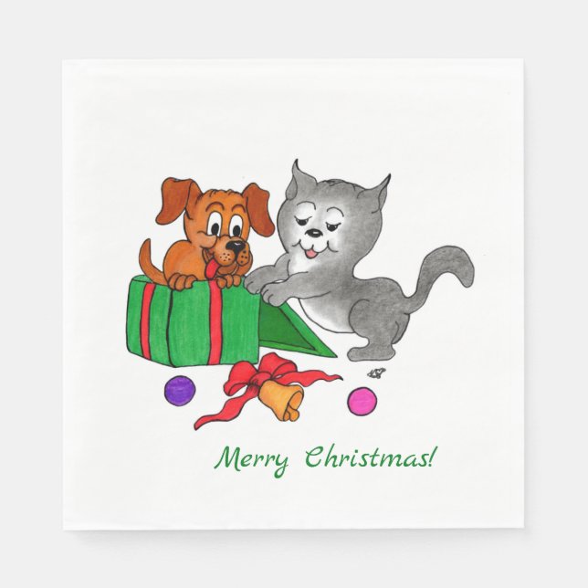 Merry Christmas with Cat and Dog Napkins (Front)