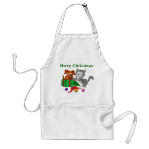 Merry Christmas with Cat and Puppy Adult Apron