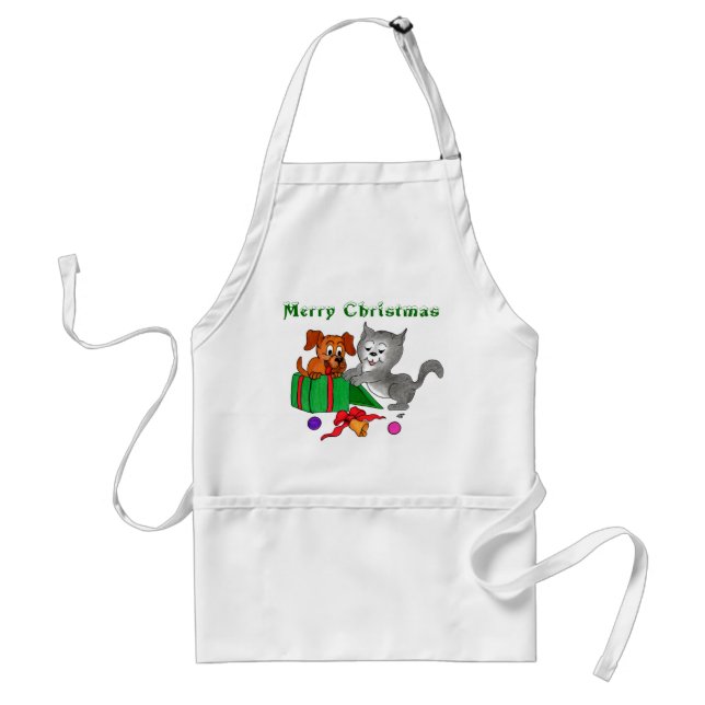 Merry Christmas with Cat and Puppy Adult Apron (Front)