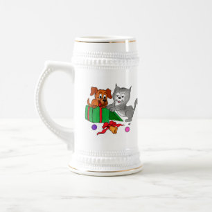 Merry Christmas with Cat and Puppy Beer Stein