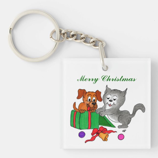 Merry Christmas with Cat and Puppy Keychain (Front)