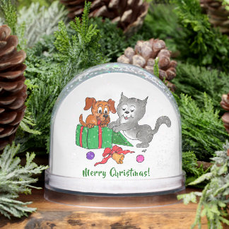 Merry Christmas with Cat and Puppy Snow Globe