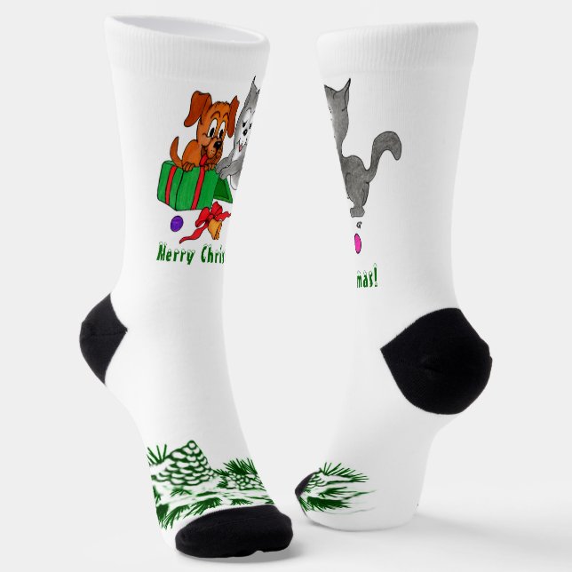 Merry Christmas with Cat and Puppy Socks (Angled)