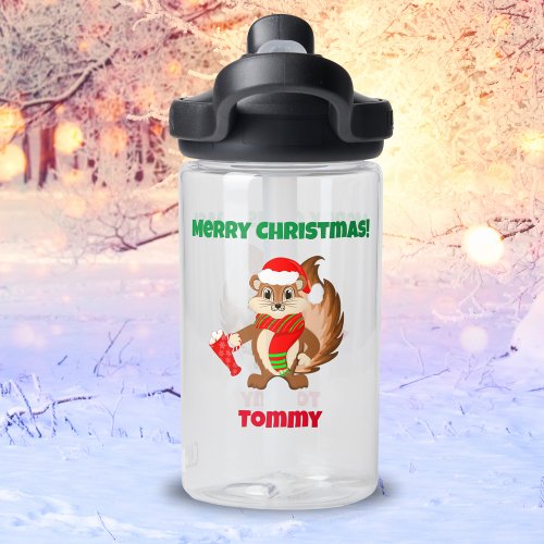 Merry Christmas With Chipmunk In Santa Hat Name Water Bottle