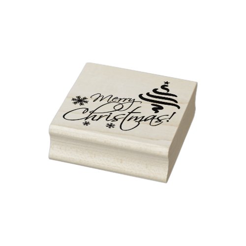 Merry Christmas with Christmas Tree and Snowflakes Rubber Stamp