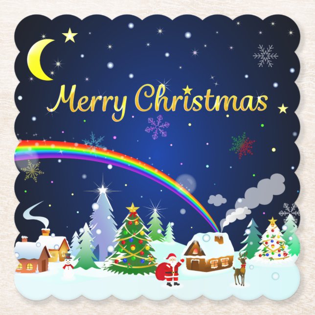 Merry Christmas with Crescent Moon Paper Coaster (Front)