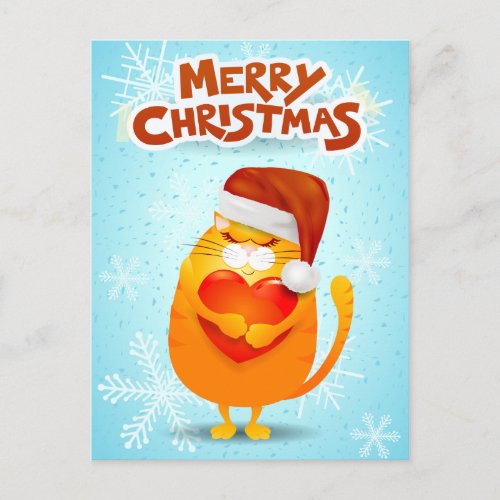 Merry Christmas with cute cat and Santas hat Holiday Postcard