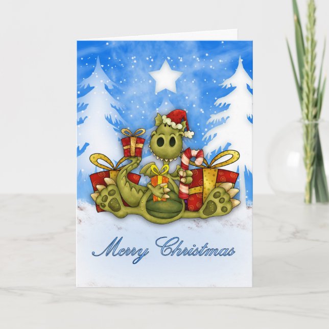 Merry Christmas With Cute Dragon Eating Candy Cane Holiday Card (Front)