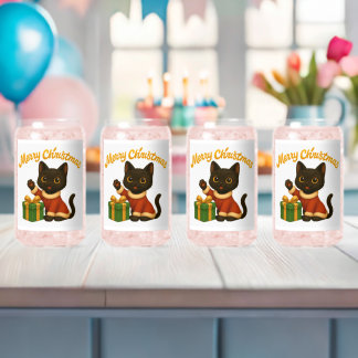 Merry Christmas with Emi the Black Cat Can Glass