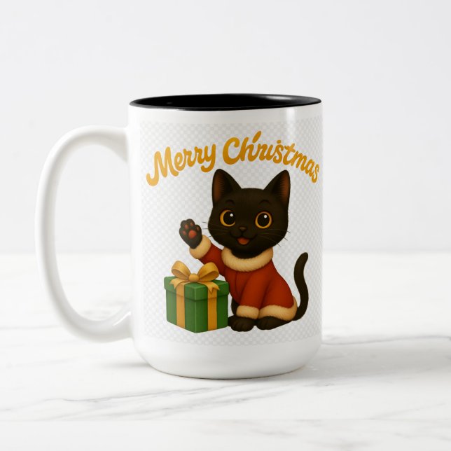 Merry Christmas with Emi the Black Cat Two-Tone Coffee Mug (Left)