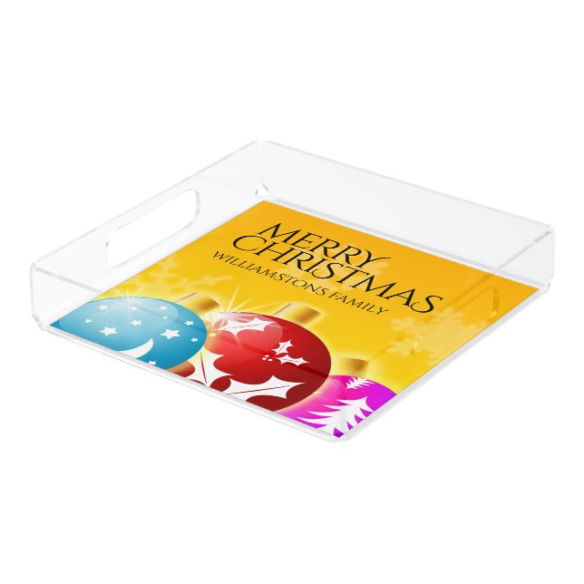 Merry Christmas with Festive Holiday Ornaments Acrylic Tray (Angled)