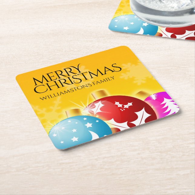 Merry Christmas with Festive Holiday Ornaments Square Paper Coaster (Angled)