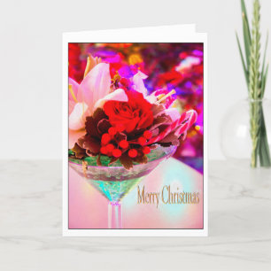 Merry Christmas With Flowers In Martini Glass Holiday Card