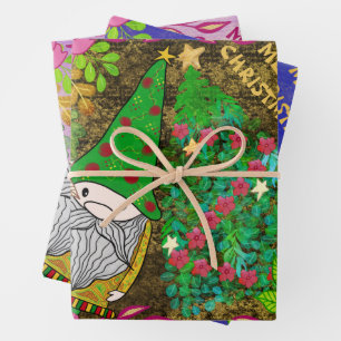 MERRY CHRISTMAS WITH GNOME XMAS TREE WRAPPING PAPER SHEETS