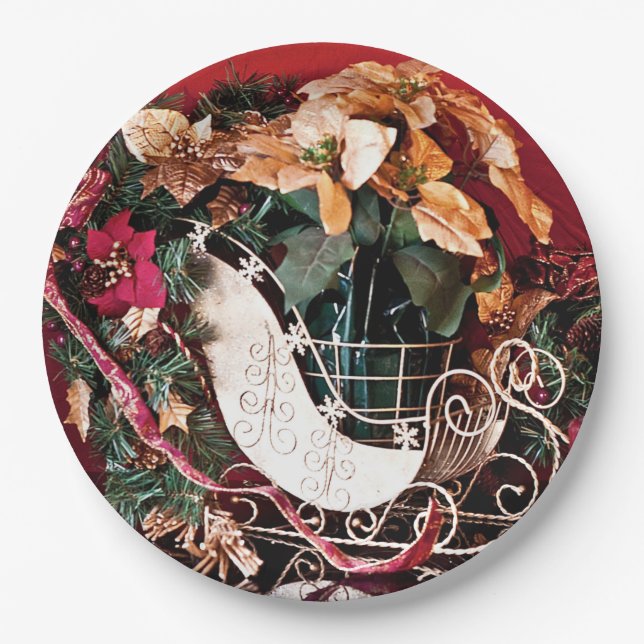 Merry Christmas with Gold Sleigh Paper Plates (Front)