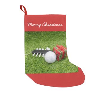 Merry Christmas  with golf and gift on green Small Christmas Stocking