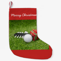 Merry Christmas with golf and gift on green Small Christmas Stocking