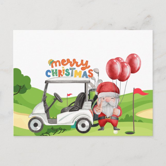Merry Christmas with golf bag cart for golfer   Holiday Postcard (Front)
