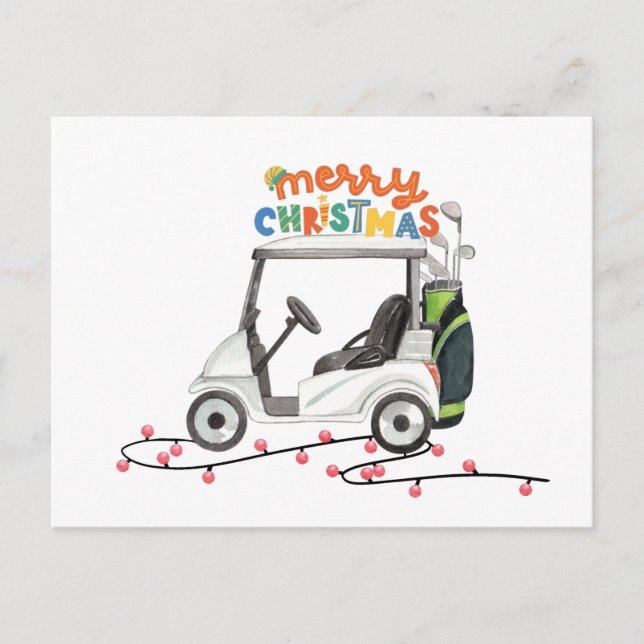 Merry Christmas with golf bag cart for golfer     Holiday Postcard (Front)