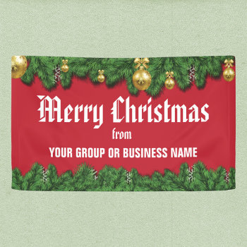 Merry Christmas With Greenery Border Outdoor Banner by Sideview at Zazzle