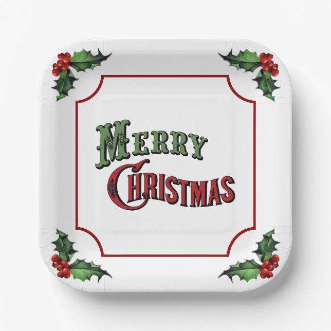 Merry Christmas with Holly Paper Plates (Front)