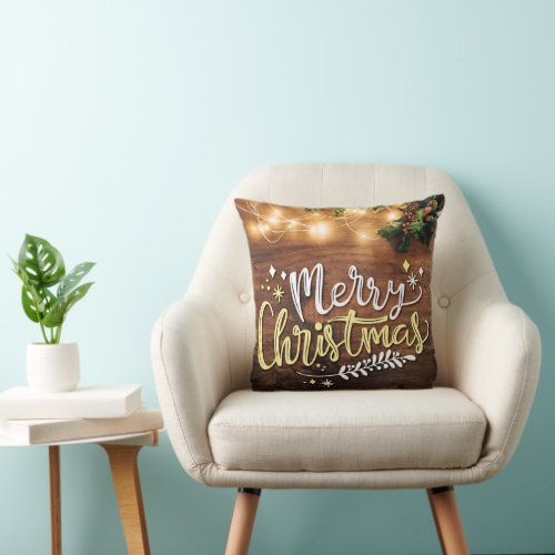 Merry Christmas with Lights Throw Pillow
