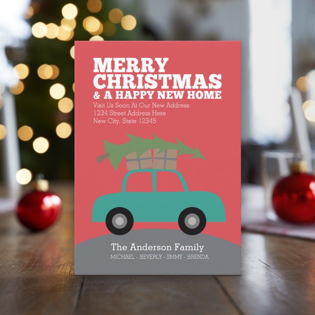 Merry Christmas with New Home Address Moving Holiday Card (Holiday Moving Card with New Address and Cute Car carrying Christmas Tree)