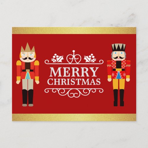 Merry Christmas with Nutcrackers Red Gold Glitter Holiday Postcard