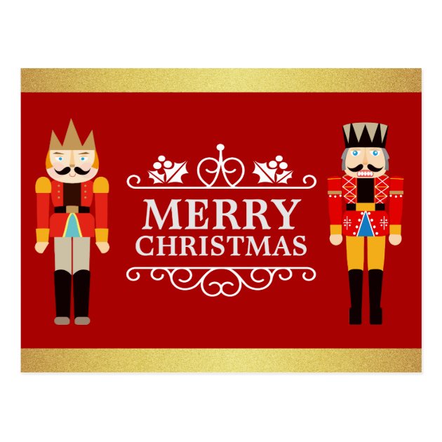 Merry Christmas With Nutcrackers Red Gold Glitter Postcard
