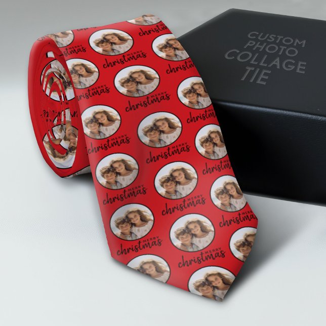 Merry Christmas with One Circle Photo - red black Neck Tie (Photo Collage Neck Tie - Add Your Favorite Photos)