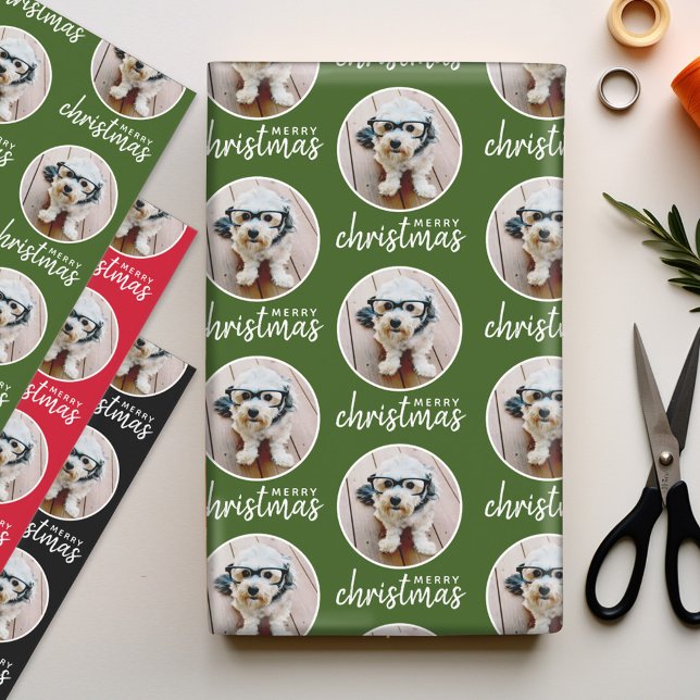 Merry Christmas with One Circle Photo - red green Wrapping Paper Sheets (Personalized Photo Wrapping Paper Sheets)