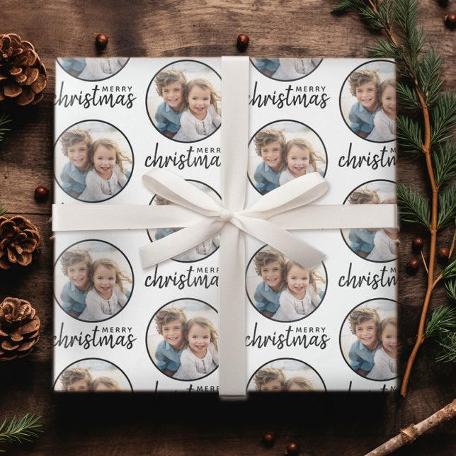 Merry Christmas with One Circle Photo - white Wrapping Paper (Personalized Christmas Wrapping Paper - Add your Photo for a festive gift!)