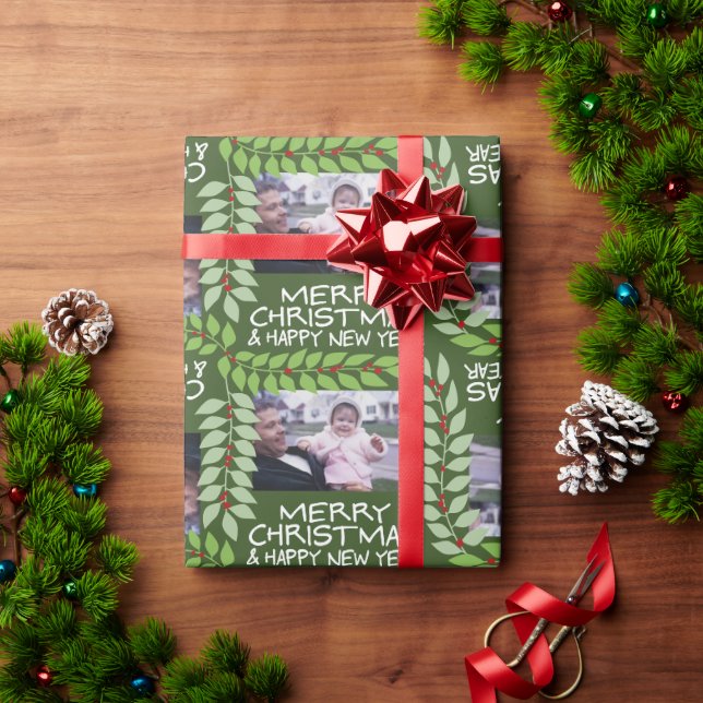 Merry Christmas with One Horizontal Photo - green Wrapping Paper (Holiday Gift)