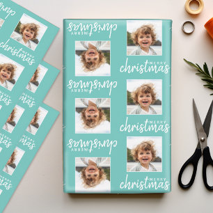 Merry Christmas with One Square Photo aqua Wrapping Paper Sheets