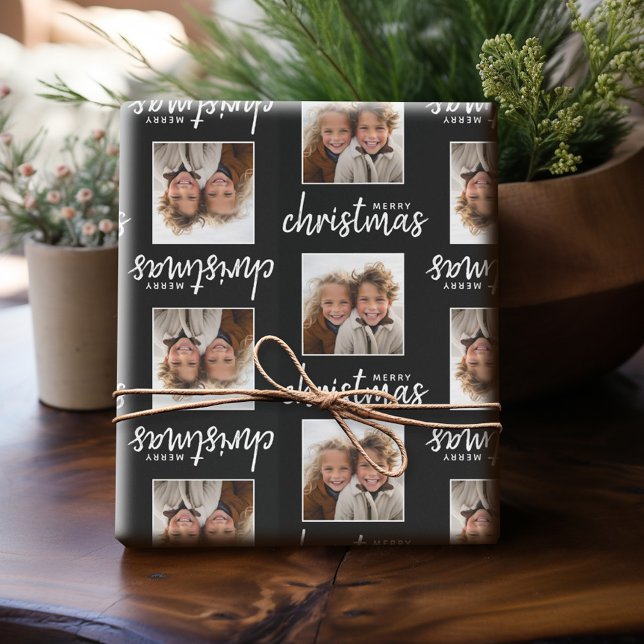 Merry Christmas with One Square Photo - black Wrapping Paper (Personalized wrapping paper with one photo)