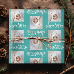 Merry Christmas with One Square Photo - blue Wrapping Paper