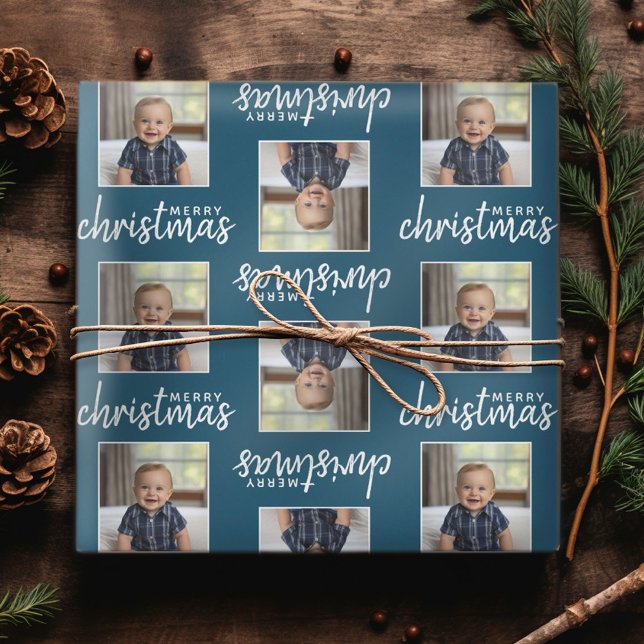 Merry Christmas with One Square Photo - blue Wrapping Paper (Personalized Christmas Wrapping Paper - Add a photo to this festive design!)